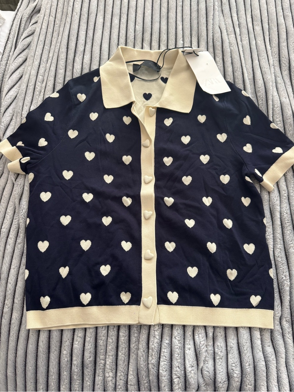 Zara Cream-Trim Navy Heart Cardigan Shirt Size S NWT